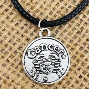 Cancer Zodiac Necklace – Silvertone Astrology Pendant on Black Leather Cord